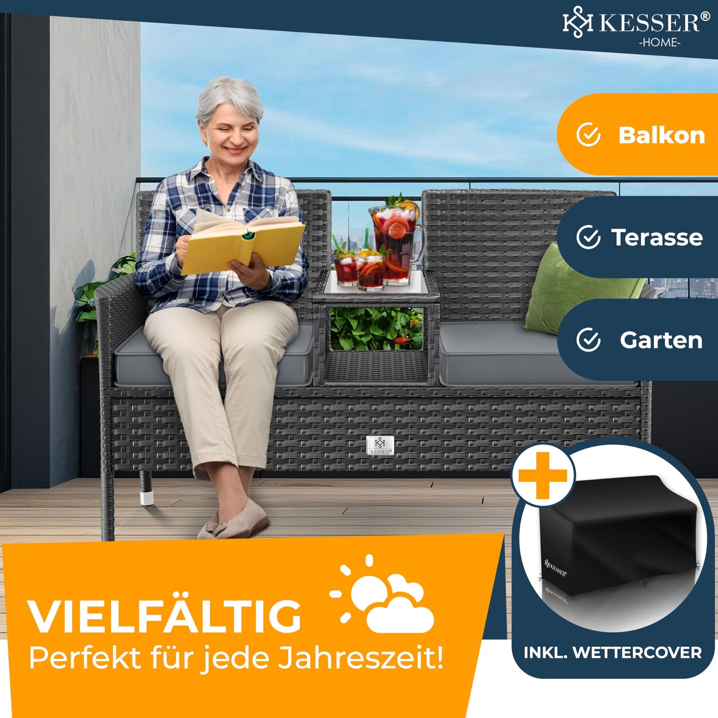 KESSER Rattan Sitzbank mit Ablage, 2-Sitzer Anthrazit
