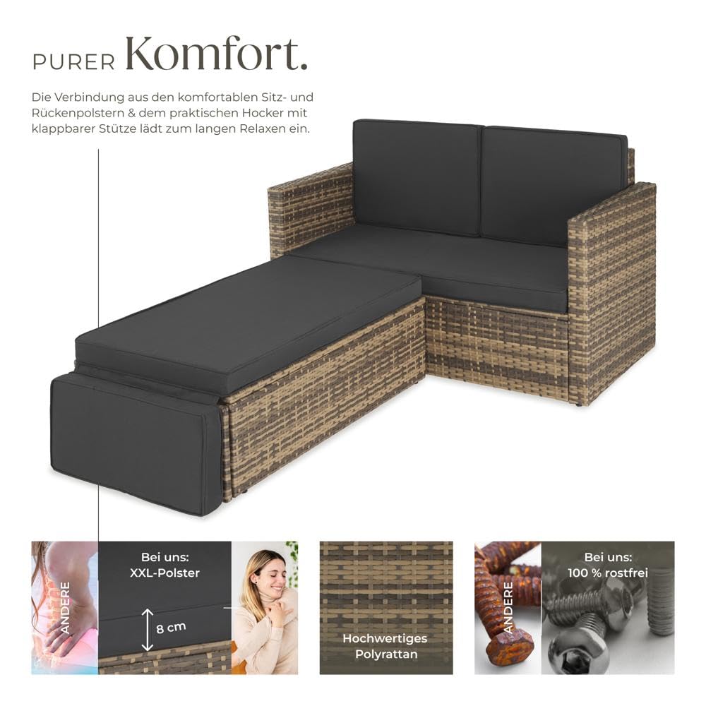 tectake Outdoor Sofa Set, 2-Sitzer mit Hocker & Polstern