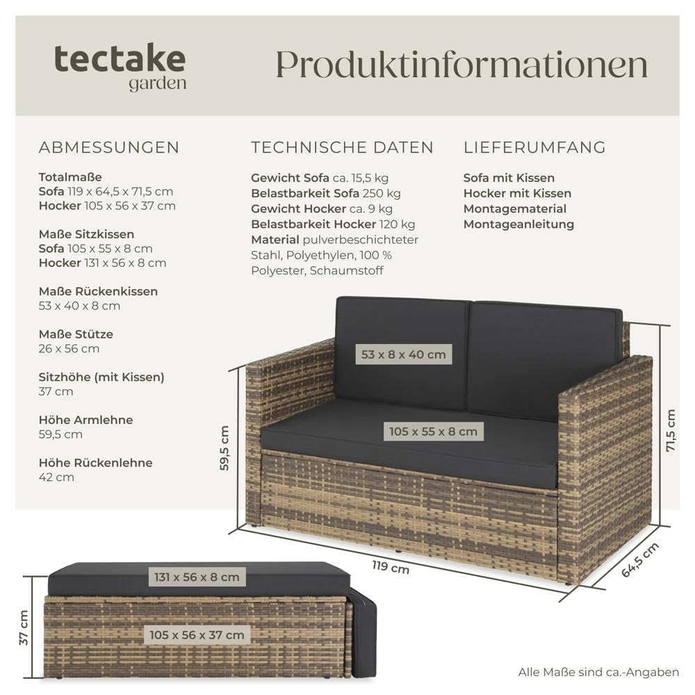 tectake Outdoor Sofa Set, 2-Sitzer mit Hocker & Polstern