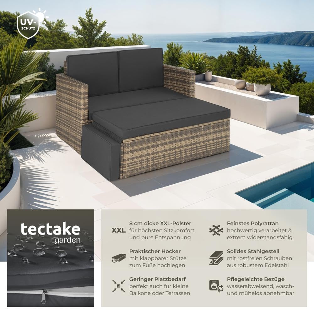 tectake Outdoor Sofa Set, 2-Sitzer mit Hocker & Polstern