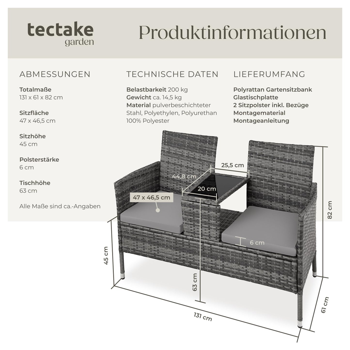 tectake Gartenbank Lounge Set für 2, Balkonbank Grau