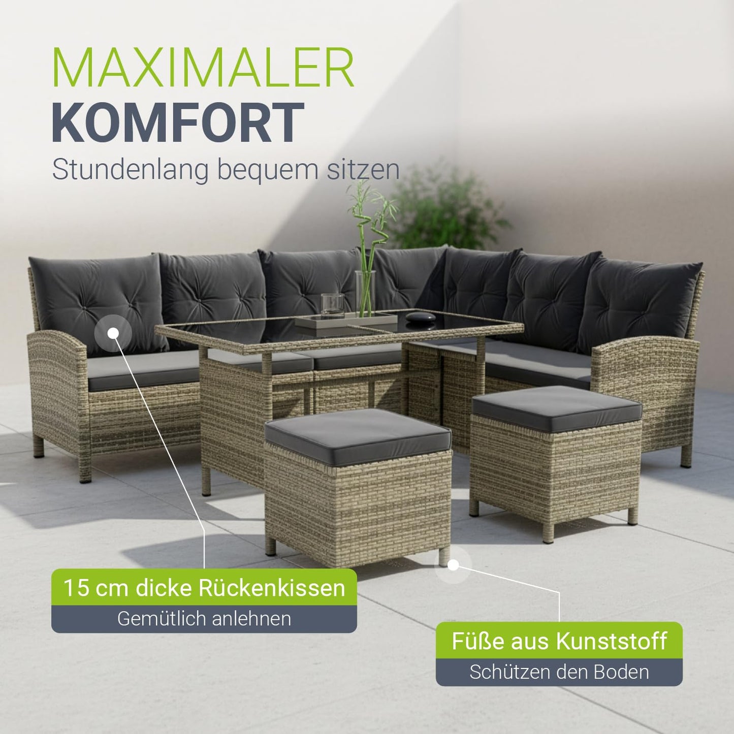 Juskys Manacor Gartenmöbel Set, Ecksofa, 2 Hocker & Kissen