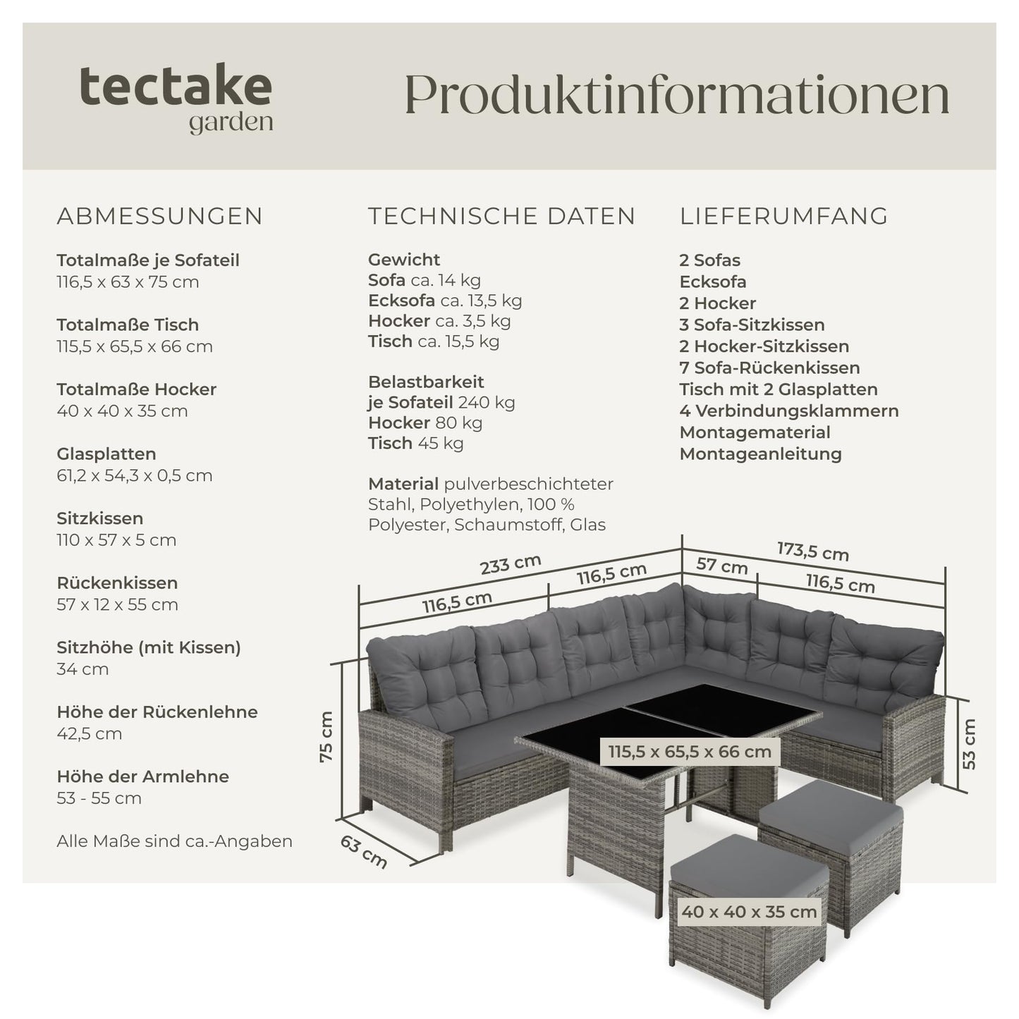 tectake Rattan Gartenlounge 5-teilig mit Kissen Grau