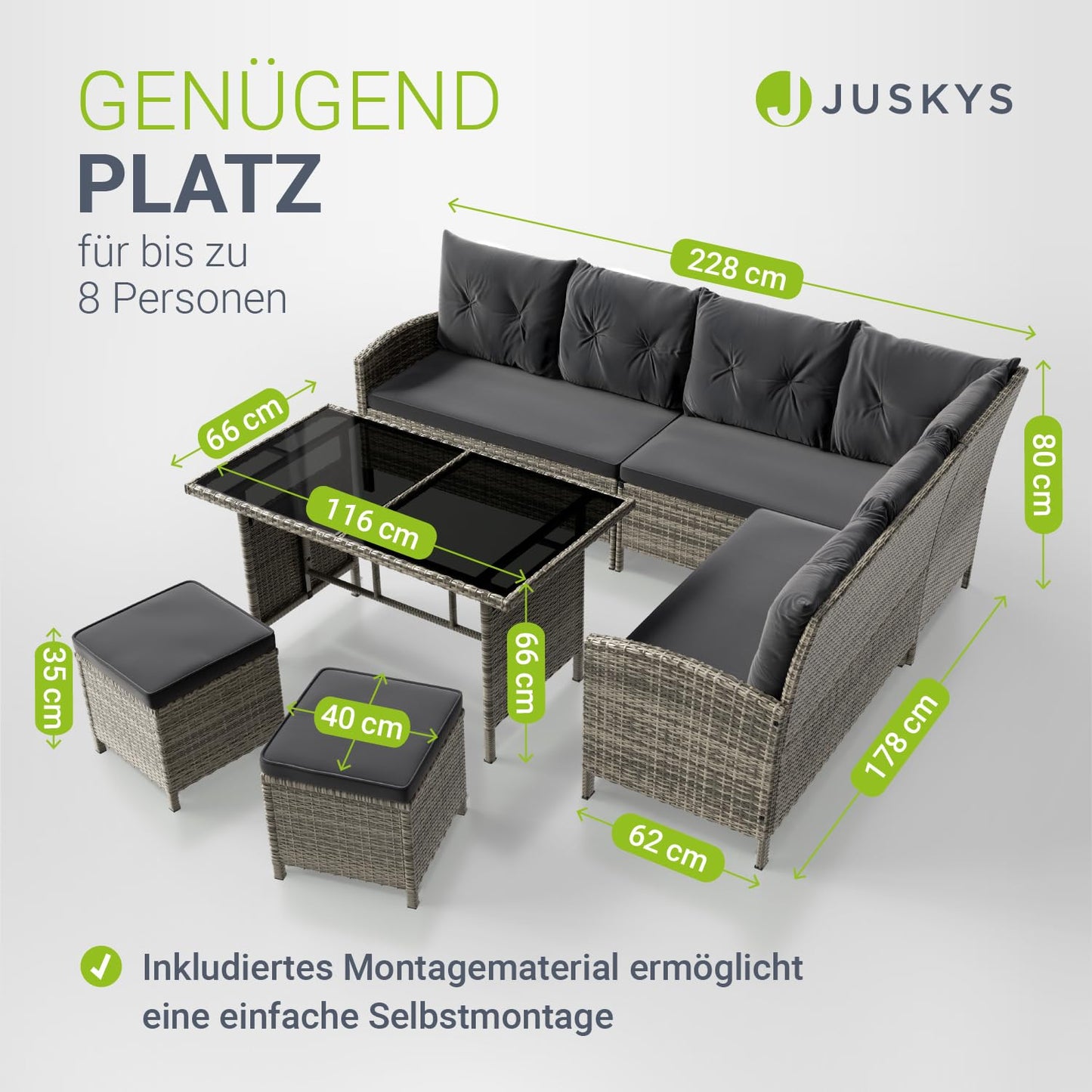 Juskys Manacor Gartenmöbel Set, Ecksofa, 2 Hocker & Kissen
