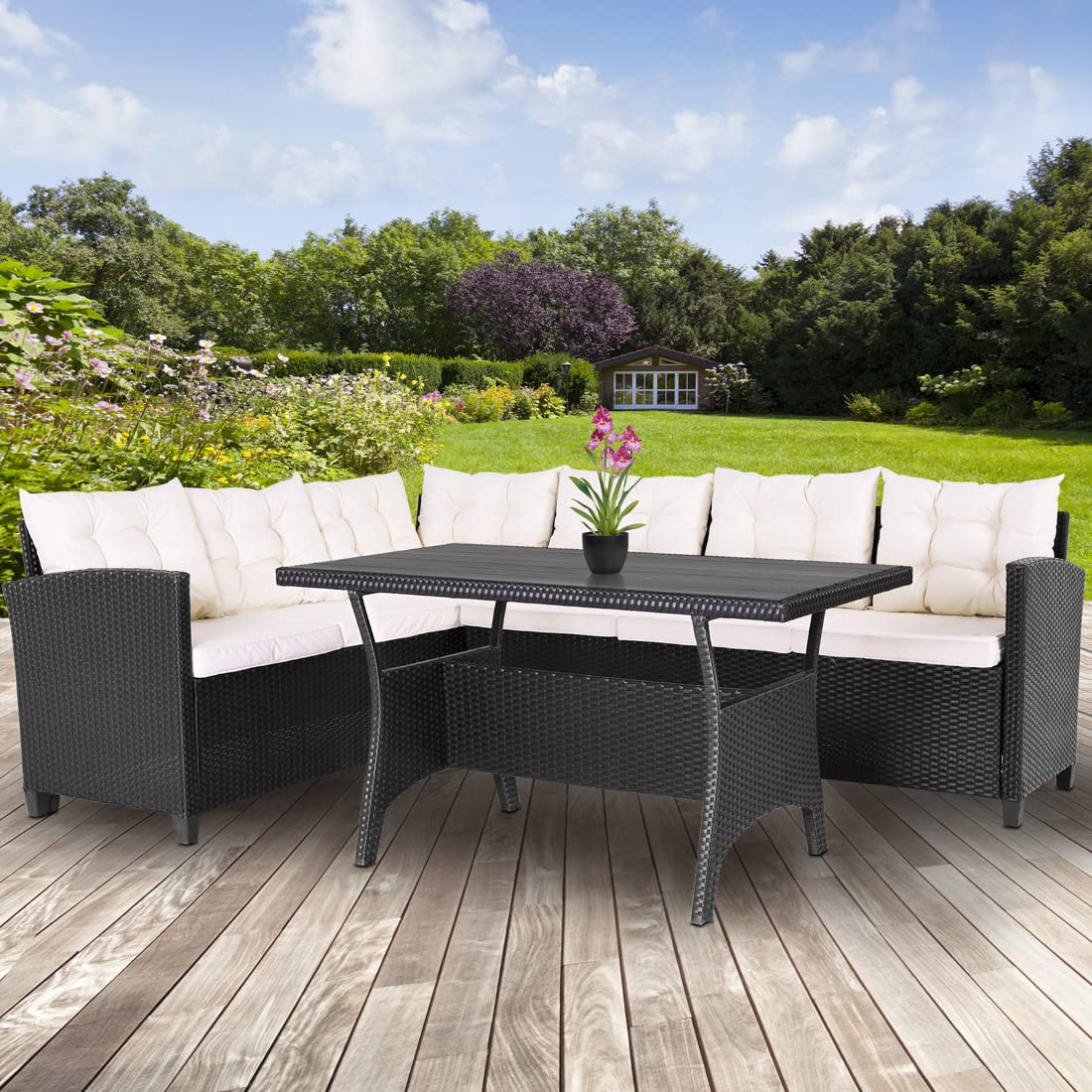 Casaria Garten Lounge Set mit WPC Tisch & Kissen Schwarz