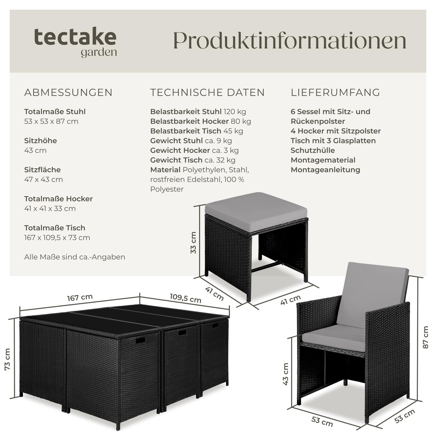 tectake Balkonmöbel Lounge Set, Poly Rattan Schwarz Grau