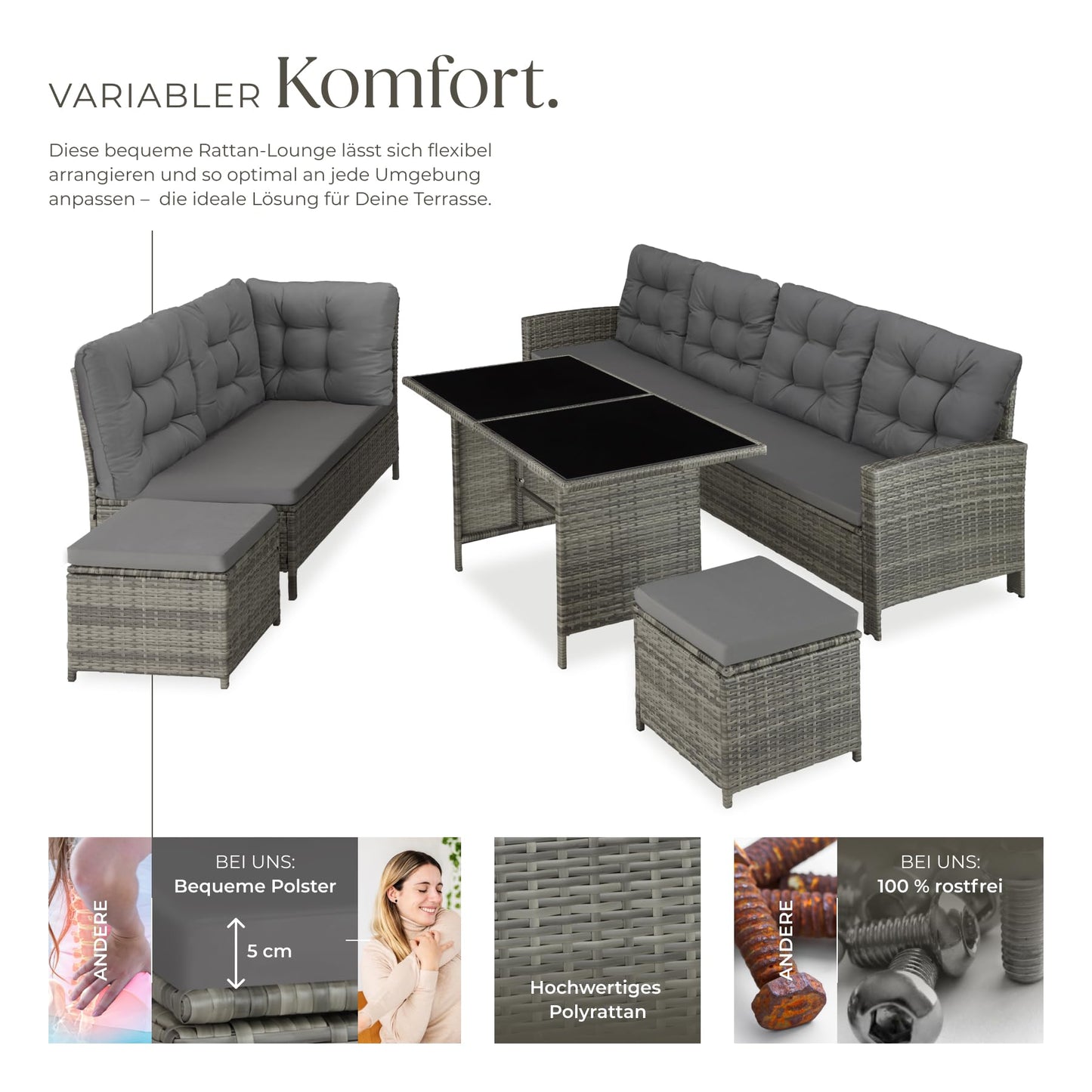 tectake Rattan Gartenlounge 5-teilig mit Kissen Grau