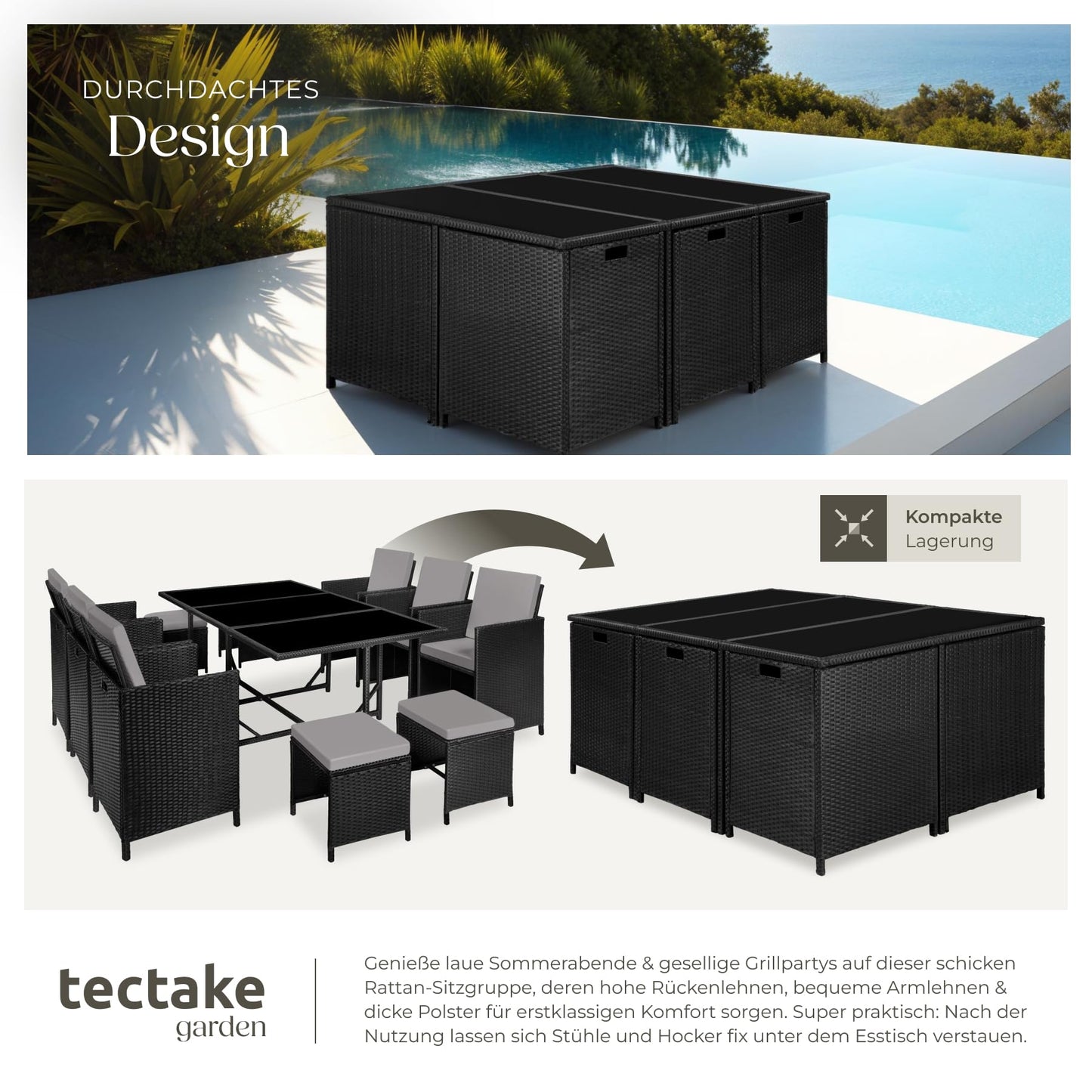 tectake Balkonmöbel Lounge Set, Poly Rattan Schwarz Grau