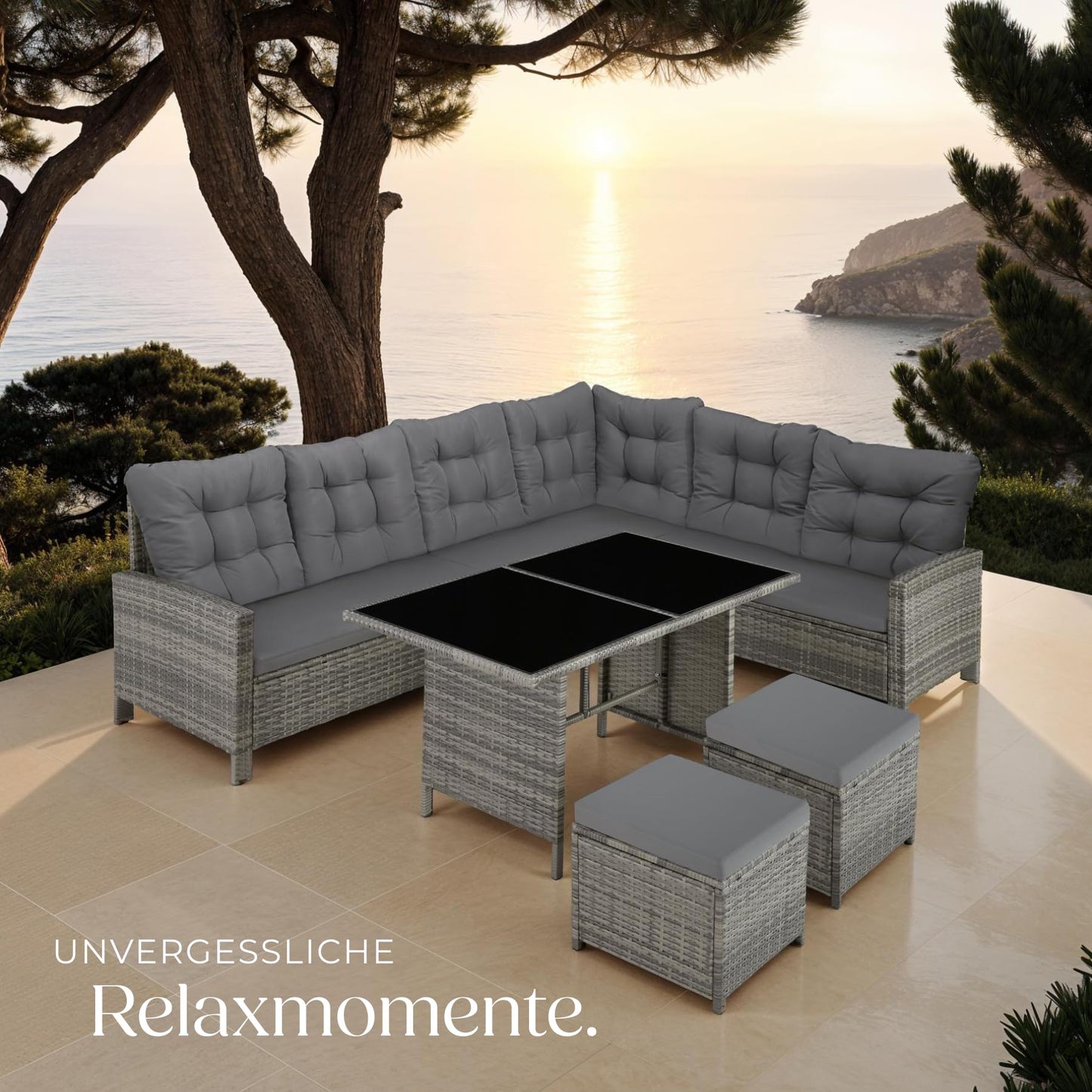 tectake Rattan Gartenlounge 5-teilig mit Kissen Grau