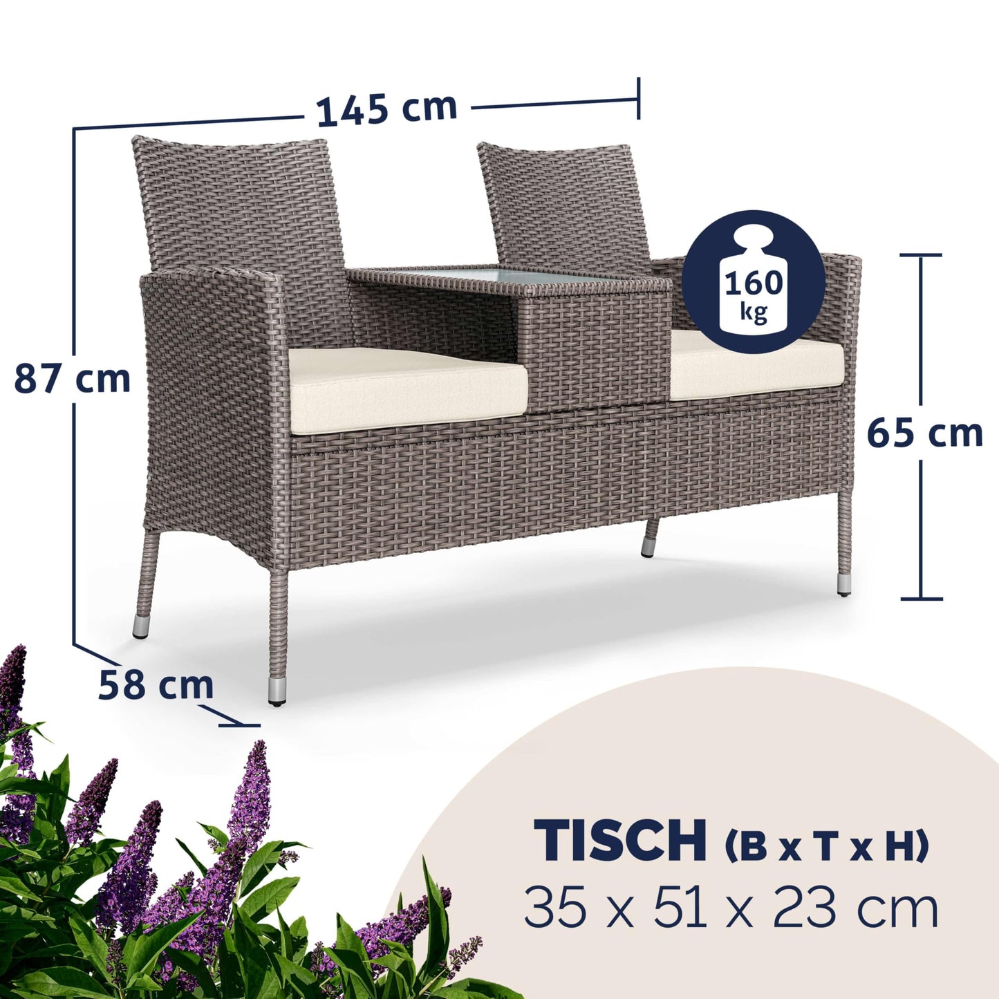 Casaria Garten Balkon Bank UV-beständig Creme