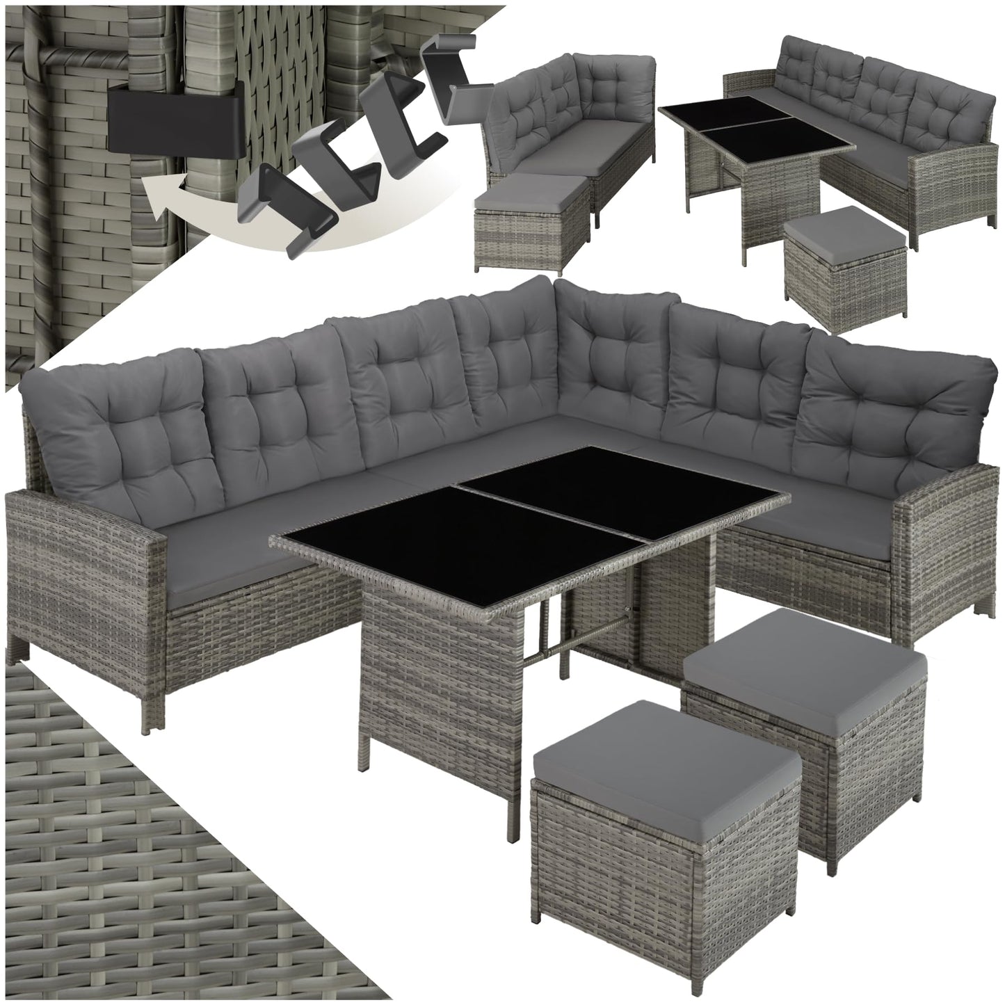 tectake Rattan Gartenlounge 5-teilig mit Kissen Grau