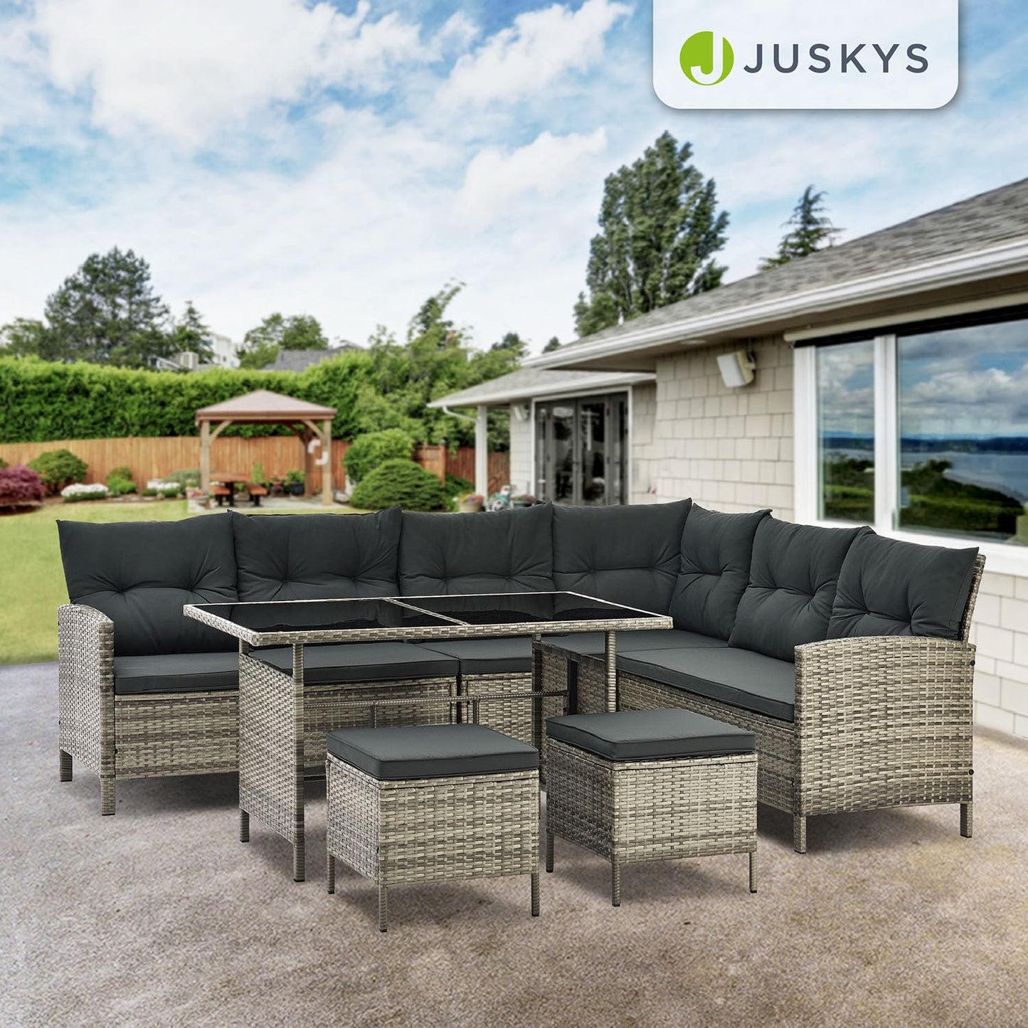 Juskys Manacor Gartenmöbel Set, Ecksofa, 2 Hocker & Kissen
