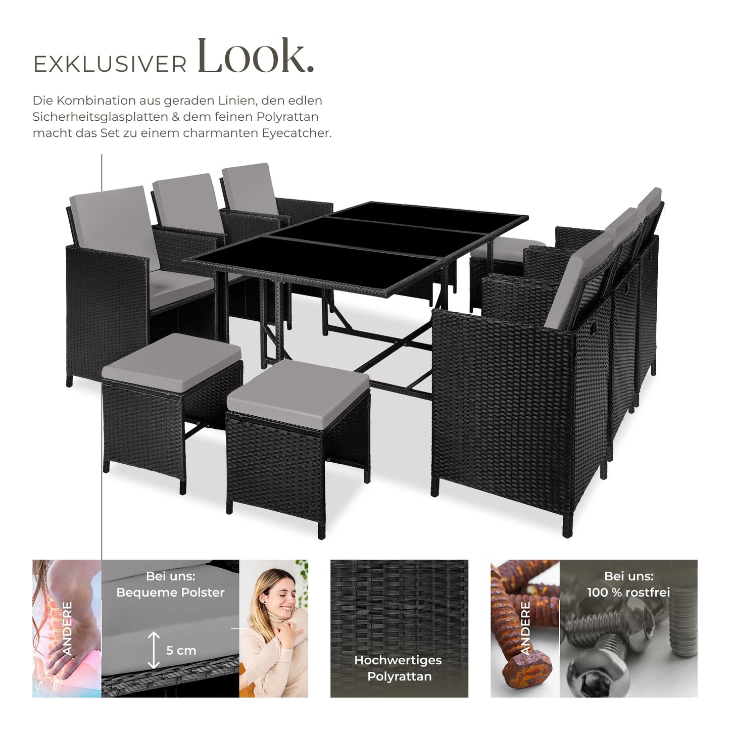 tectake Balkonmöbel Lounge Set, Poly Rattan Schwarz Grau