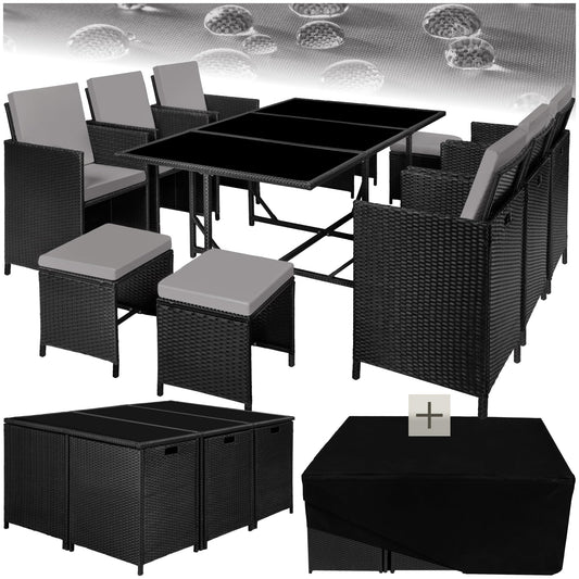 tectake Balkonmöbel Lounge Set, Poly Rattan Schwarz Grau