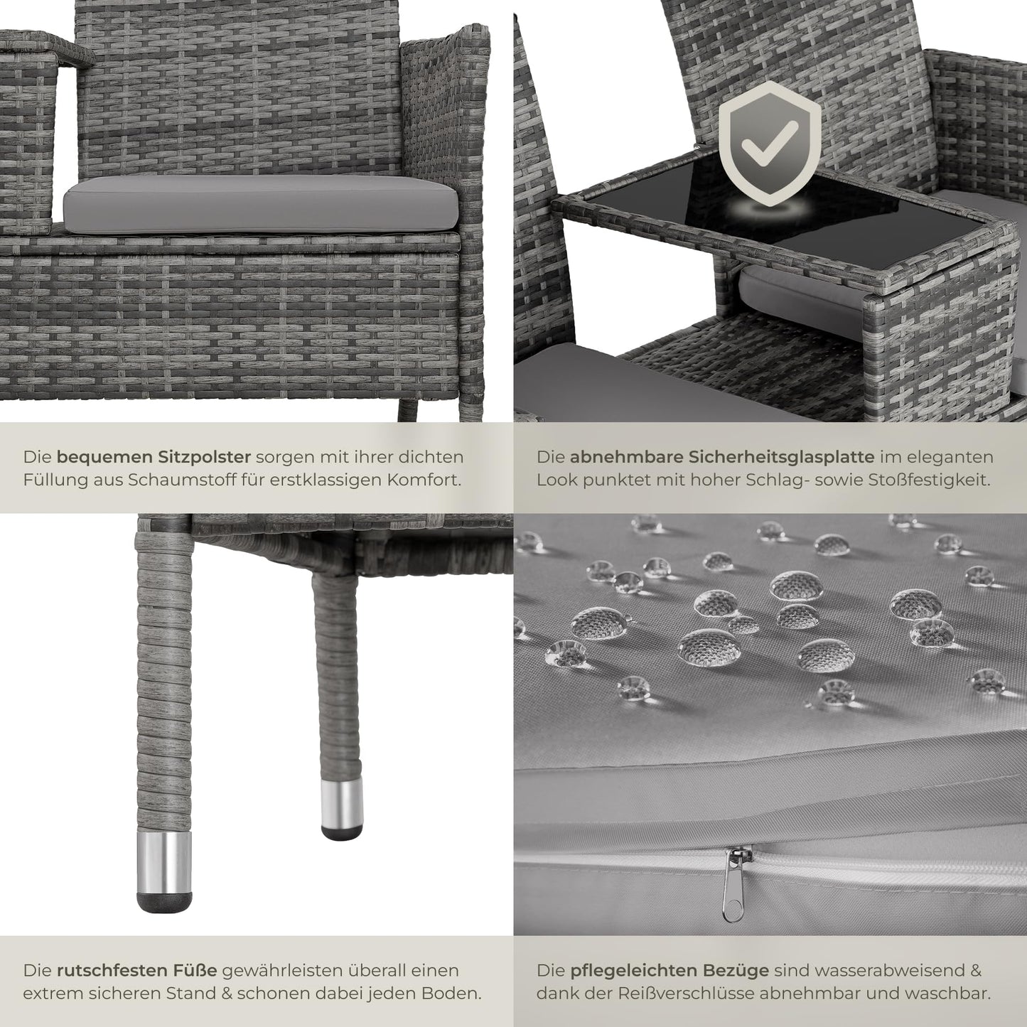 tectake Gartenbank Lounge Set für 2, Balkonbank Grau