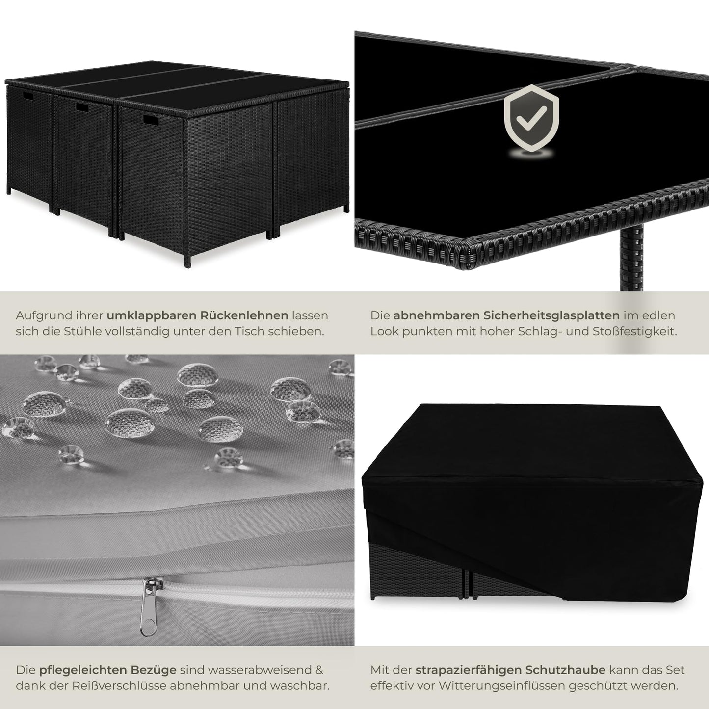 tectake Balkonmöbel Lounge Set, Poly Rattan Schwarz Grau
