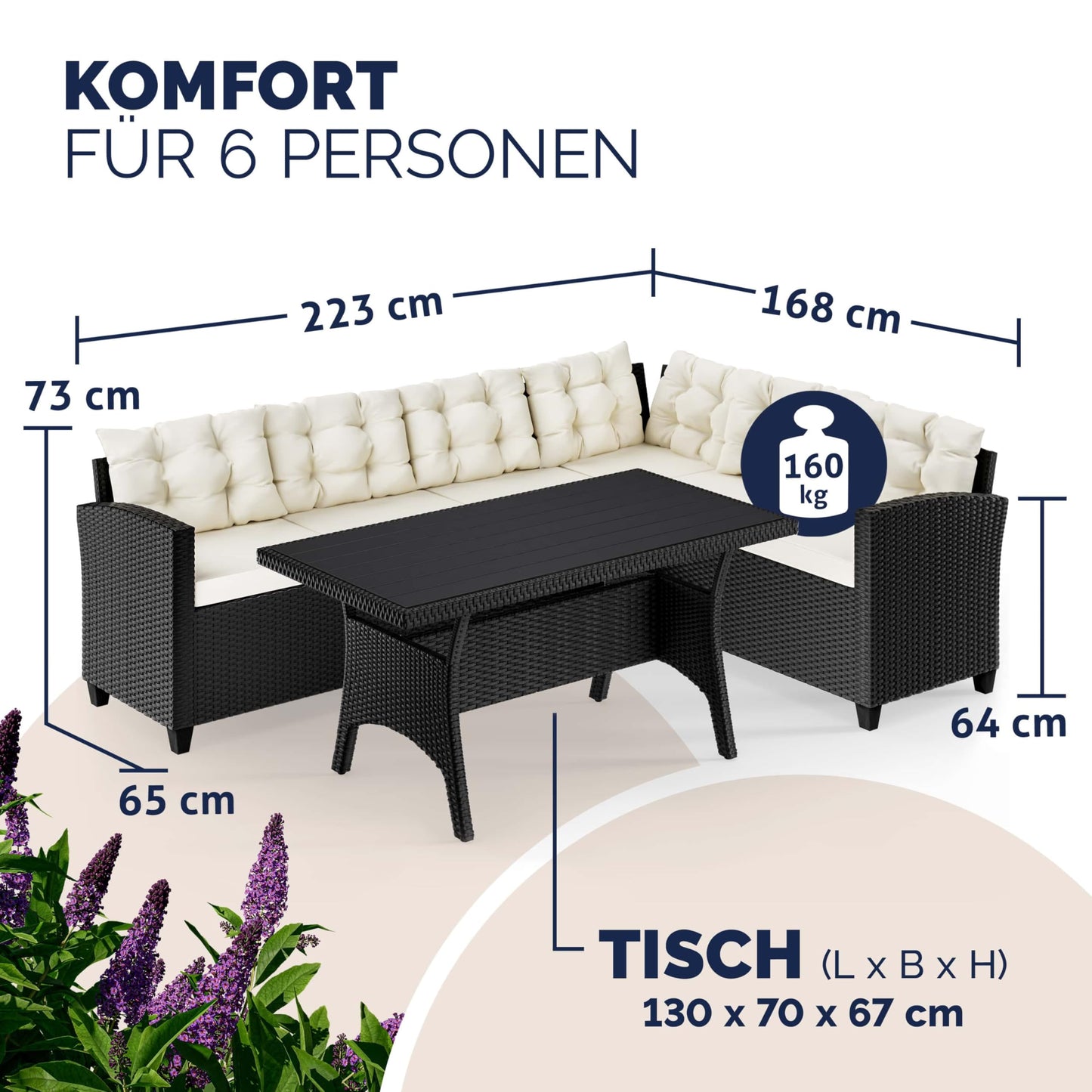 Casaria Garten Lounge Set mit WPC Tisch & Kissen Schwarz
