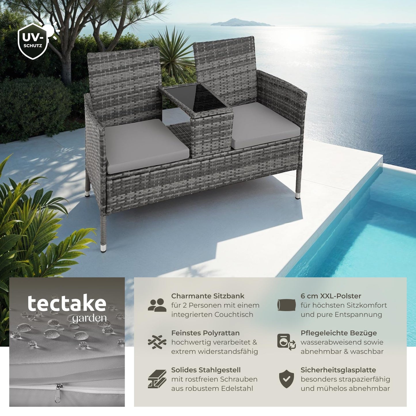 tectake Gartenbank Lounge Set für 2, Balkonbank Grau