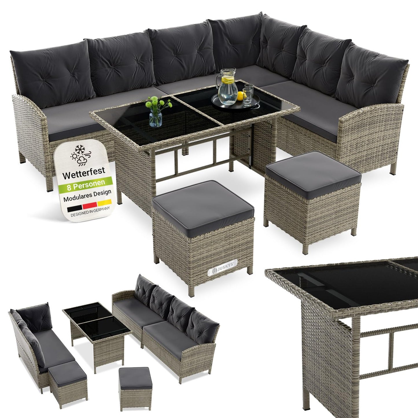 Juskys Manacor Gartenmöbel Set, Ecksofa, 2 Hocker & Kissen