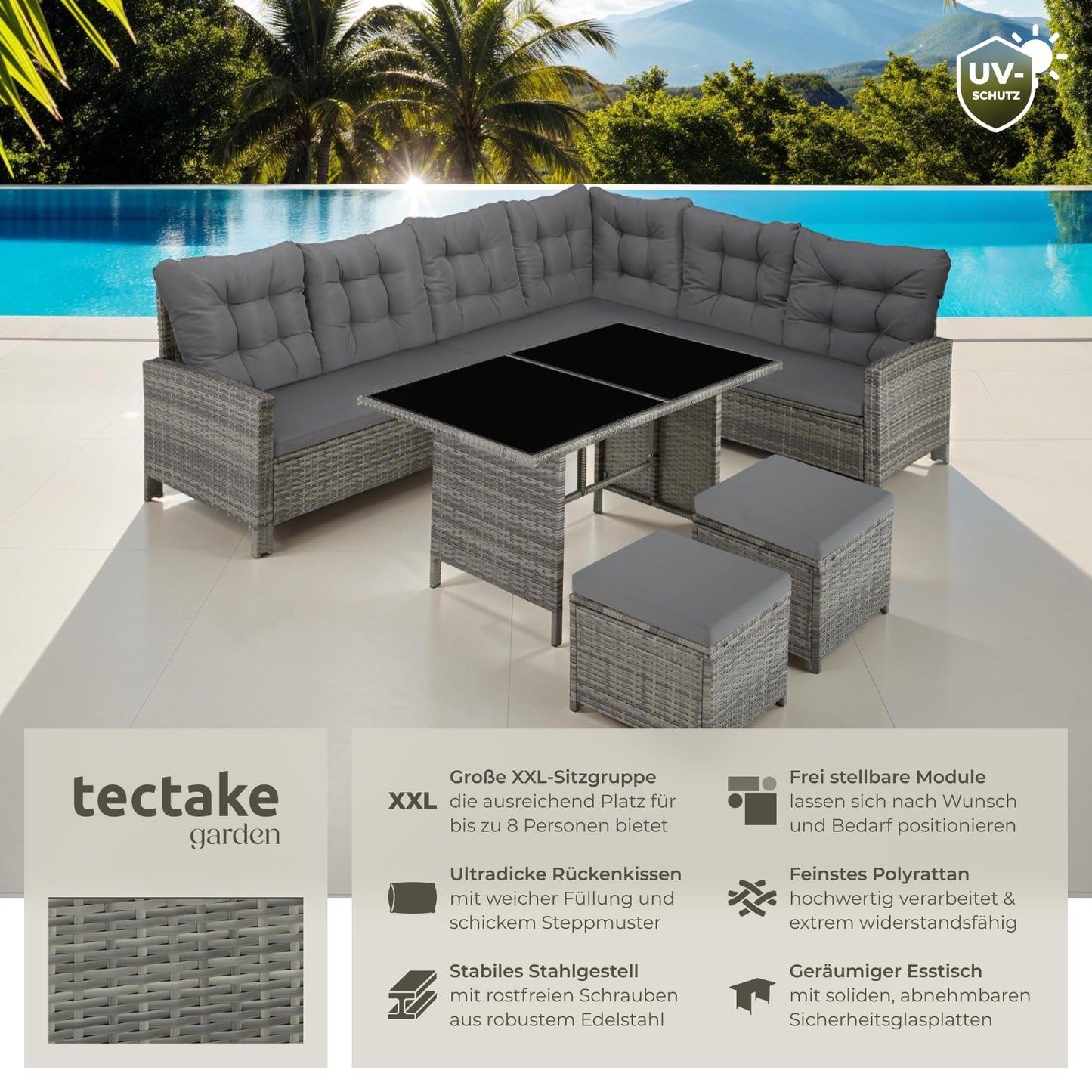 tectake Rattan Gartenlounge 5-teilig mit Kissen Grau