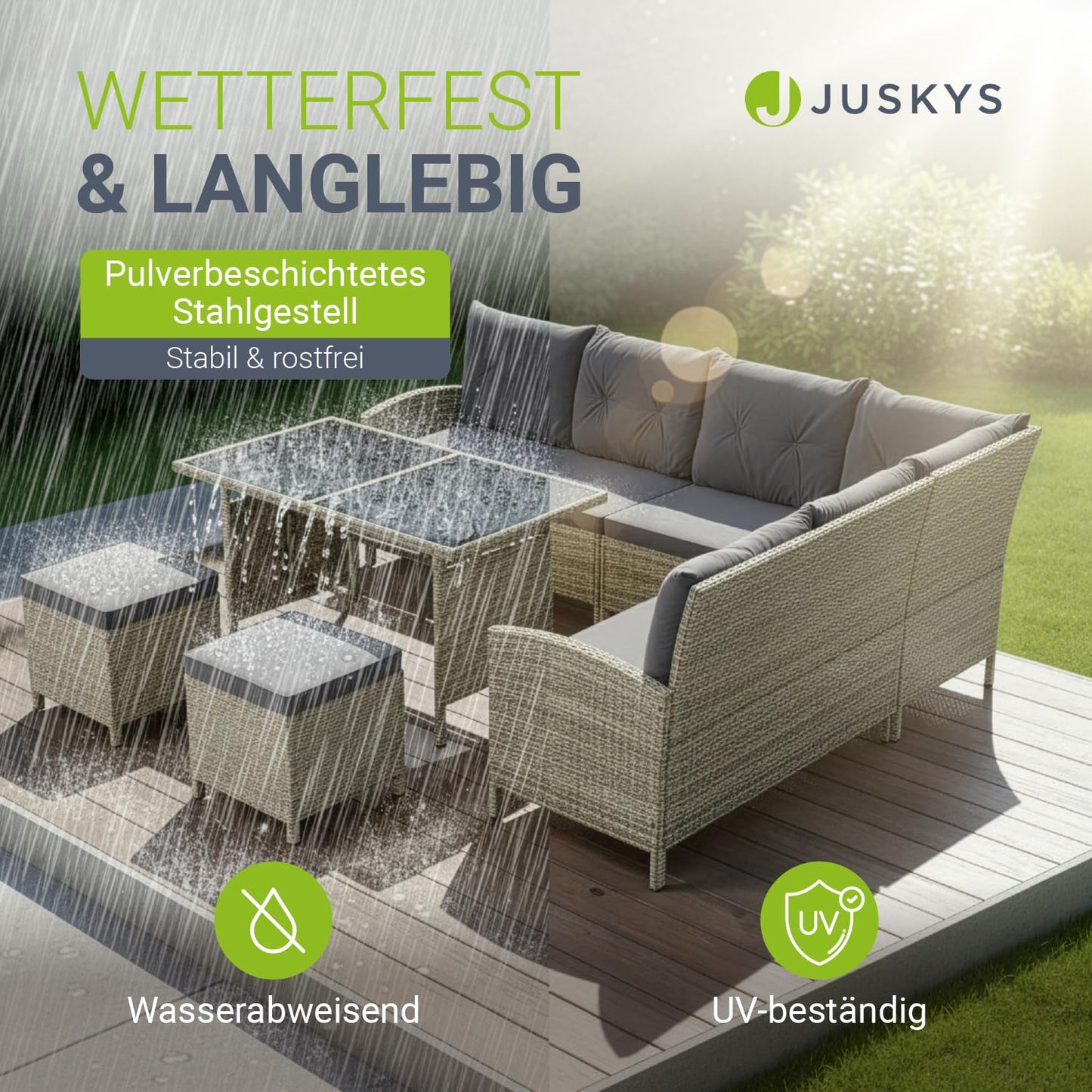 Juskys Manacor Gartenmöbel Set, Ecksofa, 2 Hocker & Kissen