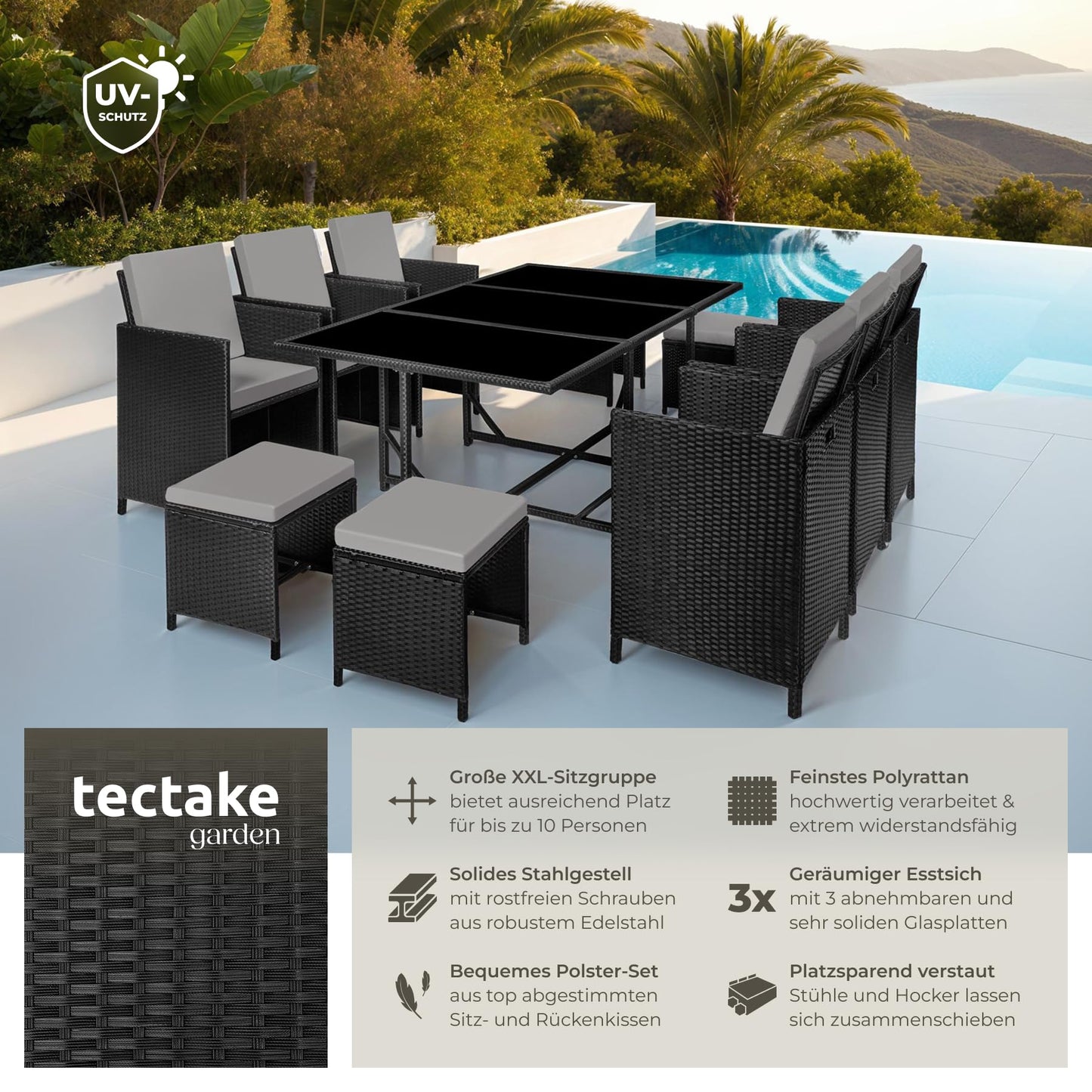 tectake Balkonmöbel Lounge Set, Poly Rattan Schwarz Grau