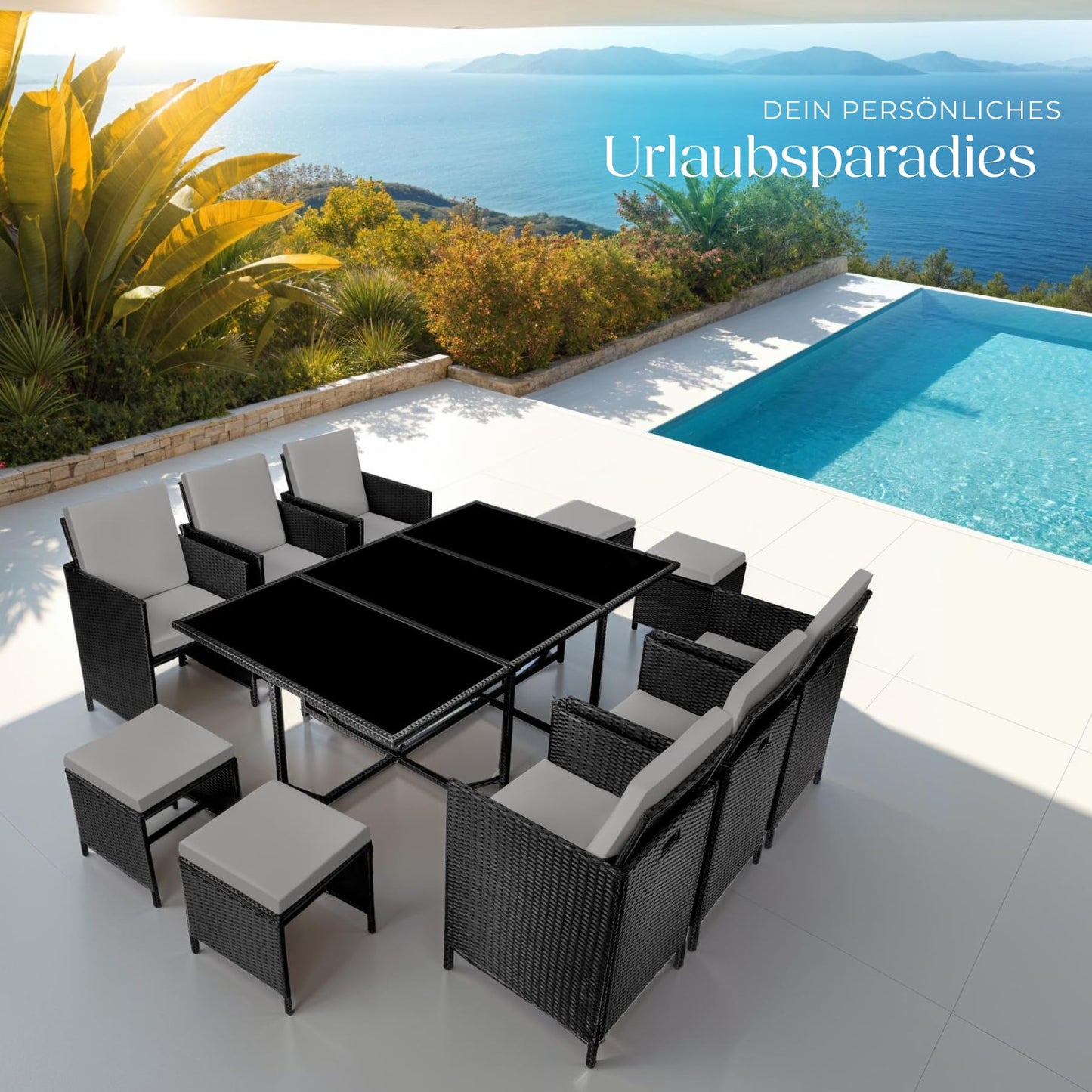 tectake Balkonmöbel Lounge Set, Poly Rattan Schwarz Grau