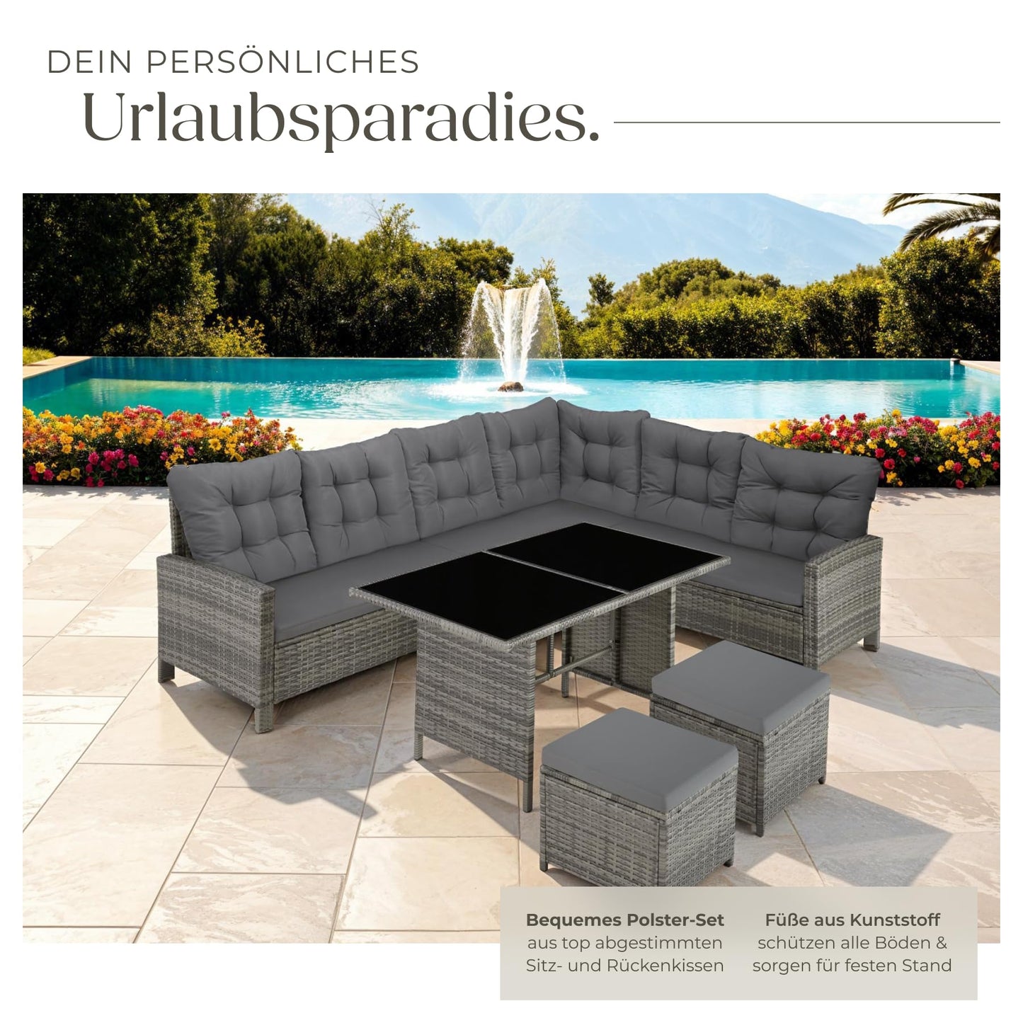 tectake Rattan Gartenlounge 5-teilig mit Kissen Grau