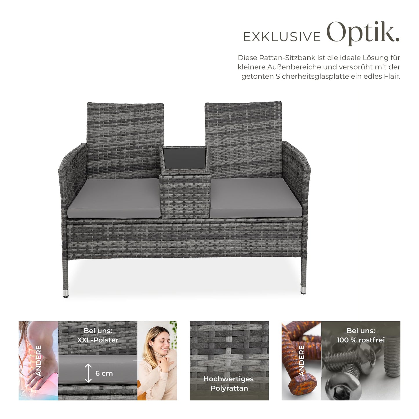 tectake Gartenbank Lounge Set für 2, Balkonbank Grau