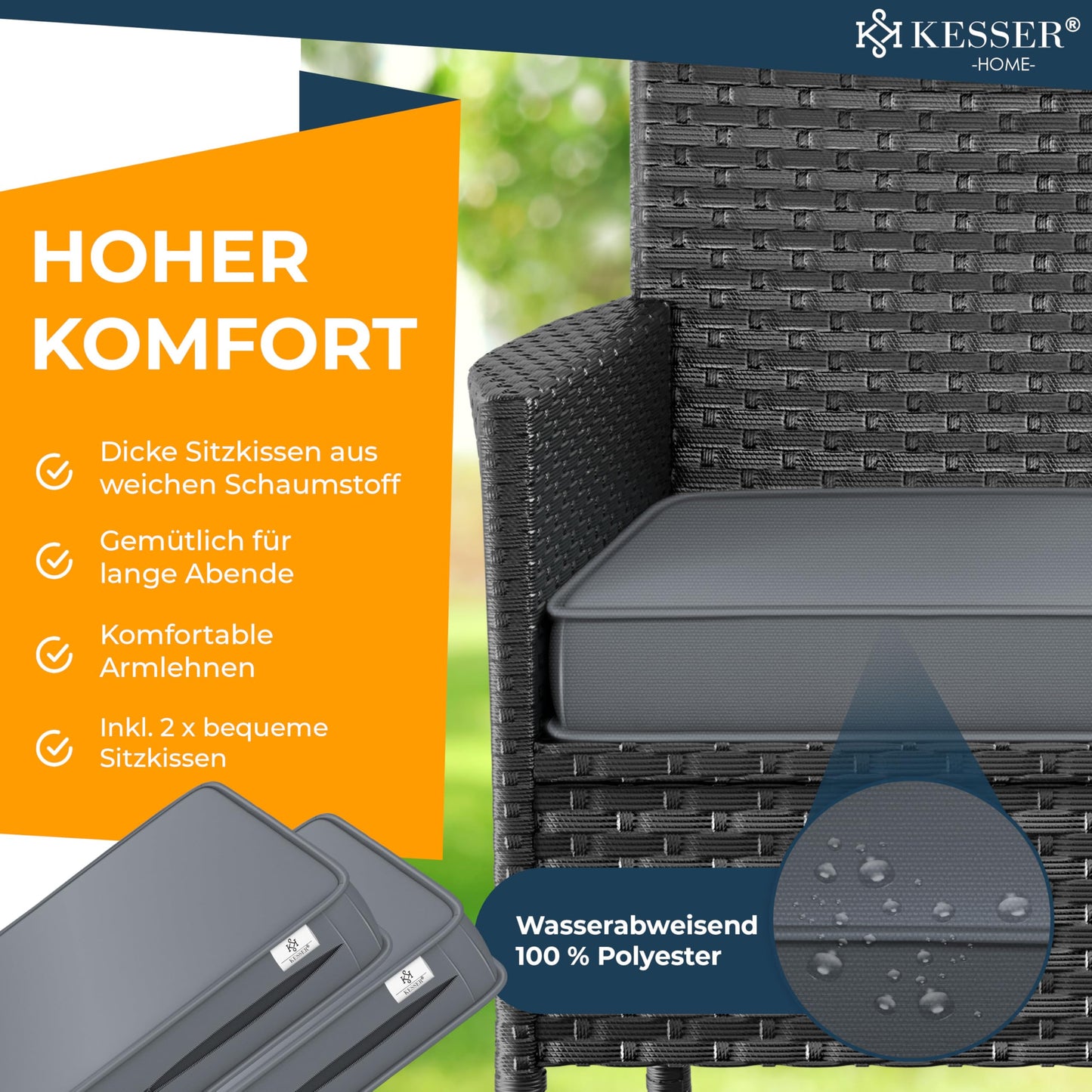 KESSER Rattan Sitzbank mit Ablage, 2-Sitzer Anthrazit