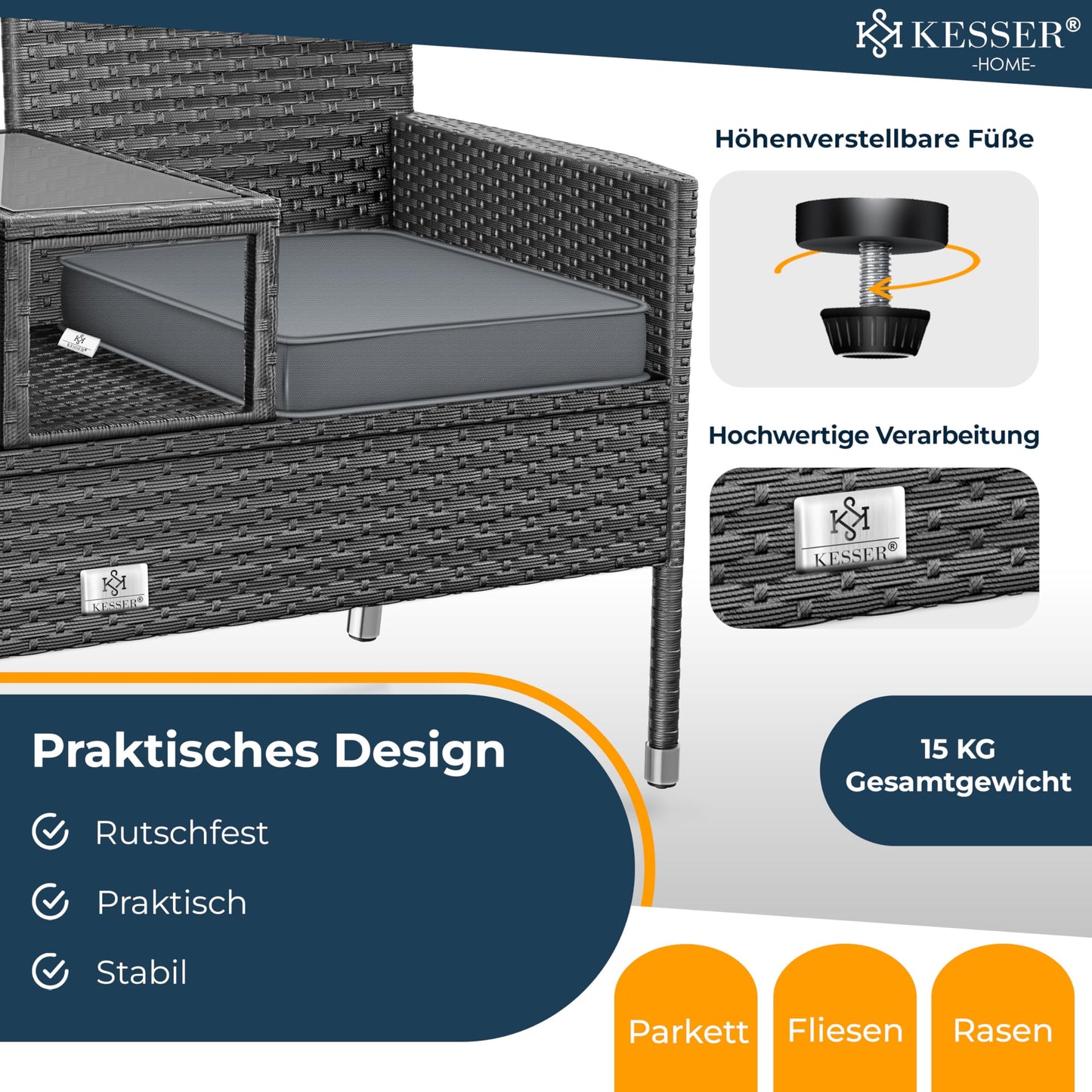 KESSER Rattan Sitzbank mit Ablage, 2-Sitzer Anthrazit