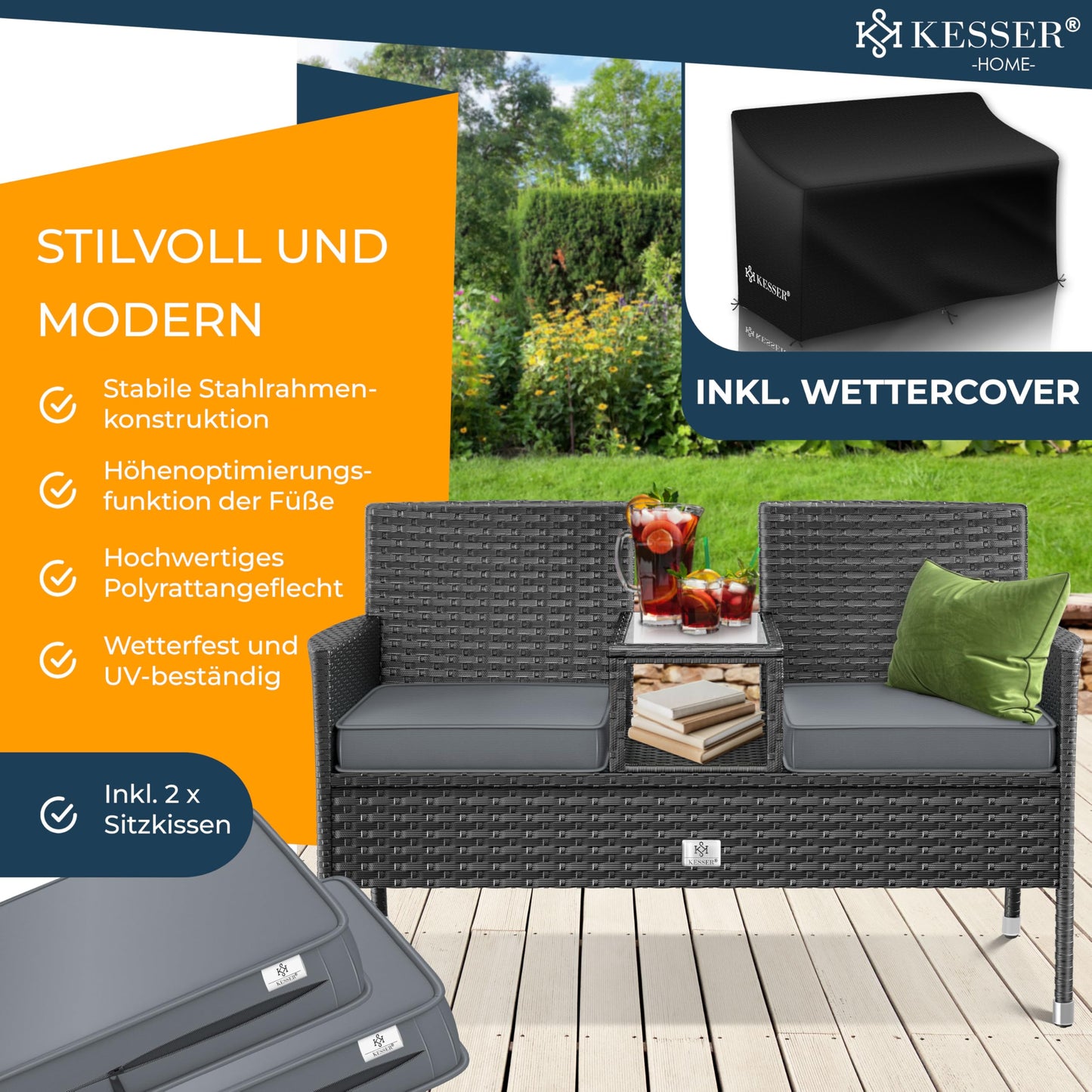 KESSER Rattan Sitzbank mit Ablage, 2-Sitzer Anthrazit