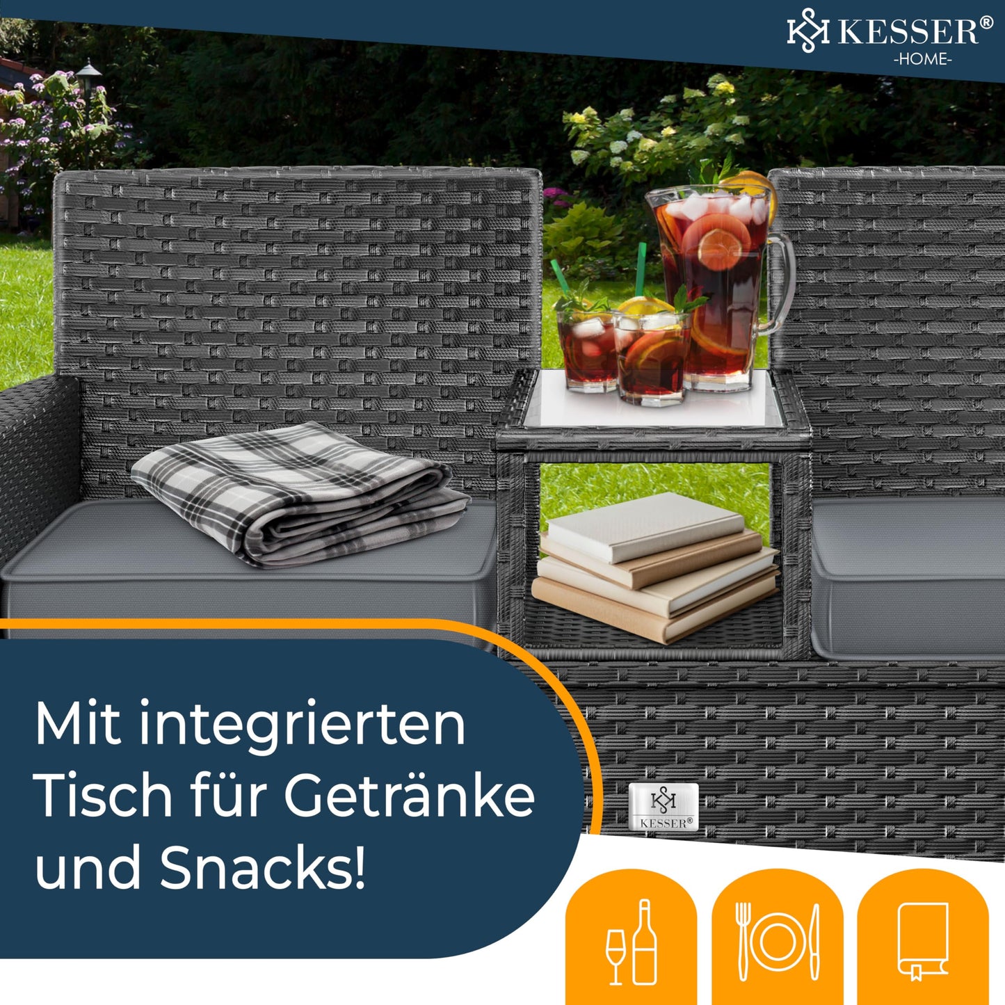 KESSER Rattan Sitzbank mit Ablage, 2-Sitzer Anthrazit